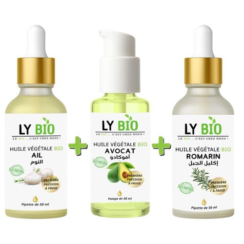 PACK HUILE AIL 50ML - PIPETTE + HUILE AVOCAT 50ml - POMPE + HUILE ROMARIN 50ml - PIPETTE