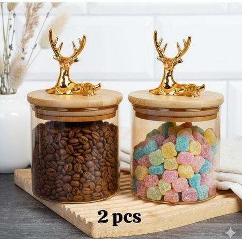 2 Bocaux Décoratifs en Verre avec Couvercle Cerf Doré