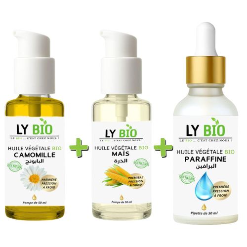 PACK HUILE CAMOMILLE 50ML - POMPE HUILE MAIS 50ML - POMPE HUILE PARAFFINE 50ML - PIPETTE