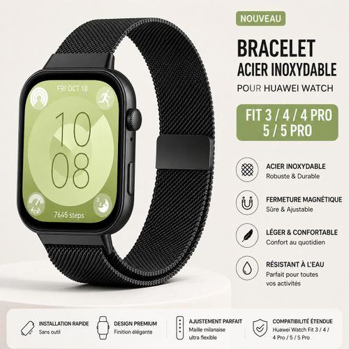 Bracelet de Rechange en Acier Inoxydable pour Huawei Watch Fit 3, Fit 4, Fit 4 Pro, Fit 5, Fit 5 Pro – Strap Maille Milanaise Magnétique Ajustable Noir, Montre Non Incluse
