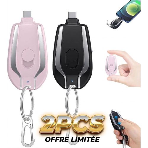 Lot de 2 Mini Powers Bank 1500mAh - Batteries Externe d'Urgence Ultra-Compacte - Chargeurs Portable de Secours de Poche Format Porte-Clés & Clé de Voiture, Connecteur Intégré Rapide pour Téléphone Portable Smartphone (iPhone / Type-C)