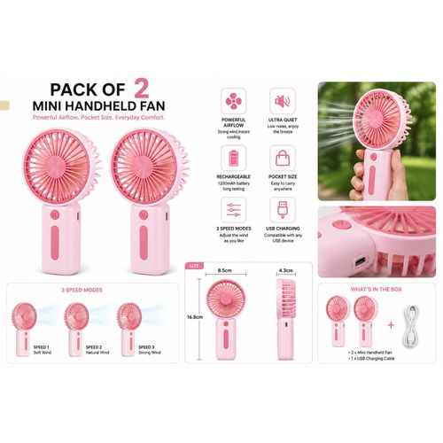 Pack 2 Mini Portable USB Fan Rechargeable – Handheld Cooling Fan Quiet Strong Airflow Pink