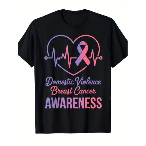 T-shirt de sensibilisation au cancer du sein d'octobre 180G avec un cœur ruban de prévention de la violence domestique - T-shirt unisexe pour adultes avec des touches de rose et de violet - Col rond, manches courtes, coupe décontractée - Convient pour u