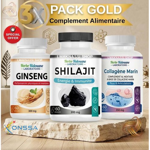 Pack Gold Promo X3 Gin-seng, shilajit, collagéne marine, complément alimentaire bio, 60 gélules
