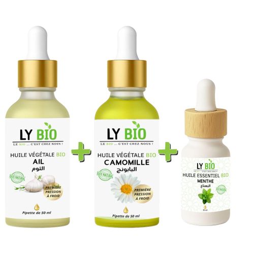 PACK HUILE AIL 50ML - PIPETTE + HUILE CAMOMILLE 50ML - PIPETTE + HUILE ESSENTIEL MENTHE 10ML