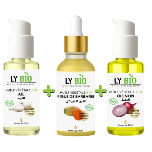 PACK HUILE AIL 50ML - POMPE + HUILE FIGUE DE BARBARIE 50ML - PIPETTE + HUILE OIGNON 50ML - POMPE
