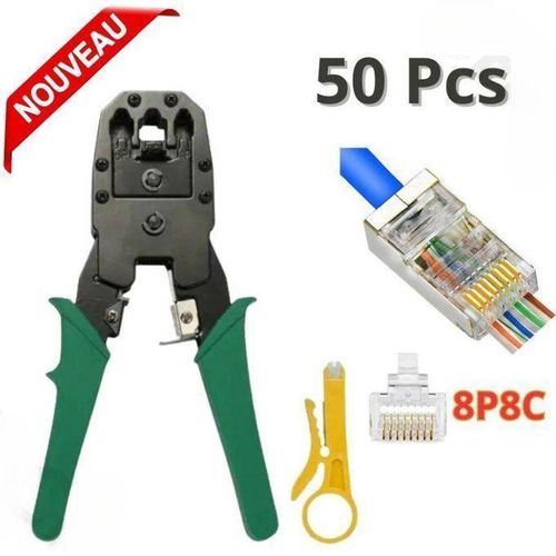 Pince Professionnel à sertir RJ45 RJ12 RJ11 - Avec Crémaillère 50 connecteurs RJ45 Cat6 Cat5 8P8C
