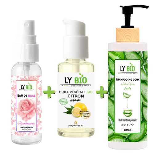 LYBIO Pack Eau de Rose 100ML + Huile Citron 50ML - Pompe + Shampoing Aloe Vera 200ML