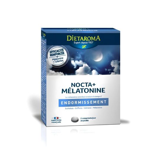 Nocta+ Mélatonine - Mélatonine, Escholtzia, Griffonia, Valériane - Aide à l'Endormissement & Sommeil Réparateur - 20 Comprimés - Fabriqué en France