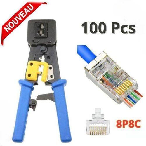 Pince Professionnel à sertir RJ45 RJ12 RJ11 - Avec Crémaillère 100 connecteurs RJ45 Cat6 Cat5 8P8C