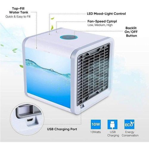 Climatiseur Portable USB, Mini Rafraîchisseur d’Air, Ventilateur Refroidisseur avec Réservoir d’Eau, Humidificateur d’Air, Silencieux, Maison Bureau Voyage