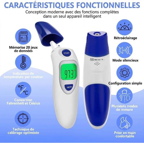 Thermomètre Infrarouge Sans Contact 2 en 1 Frontal & Auriculaire – Digital Professionnel Bébé, Enfant, Adulte. Haute Précision, Écran LCD Rétroéclairé, Alarme de Fièvre, Mémoire 20 Mesures, Mode Silencieux, Conversion °C/°F & Mesure Objets/Liquides