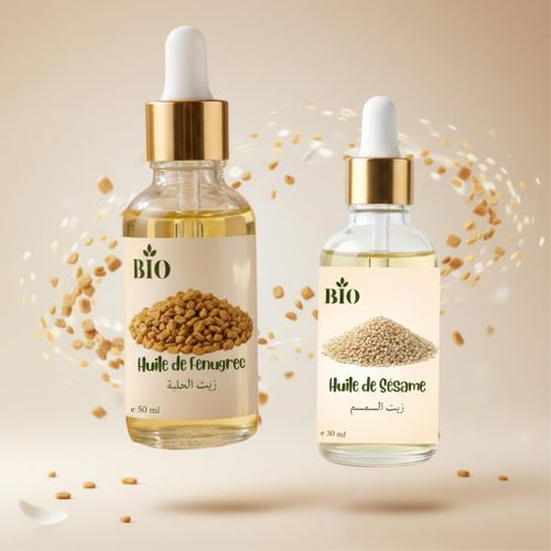 Duo Huile de fenugree 50 ml + Huile de sesame 30 ml usage peau cheveux