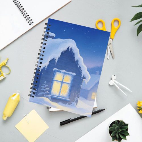 Bloc-notes, A5, 13,97 * 21,08 cm, 50 pages, Avec un motif de maison enneigée avec des fenêtres éclairées, Carnet