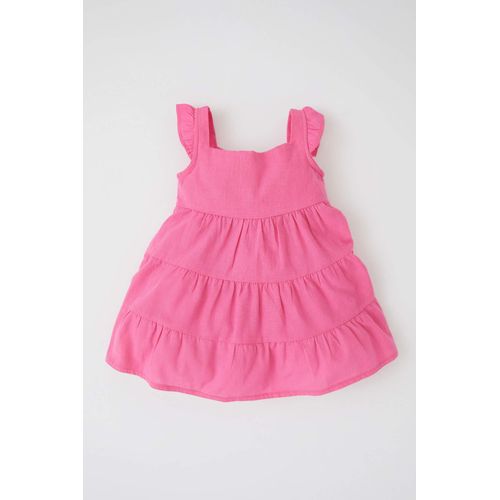 Baby Girl Square Collar Strap Linen Look Dress