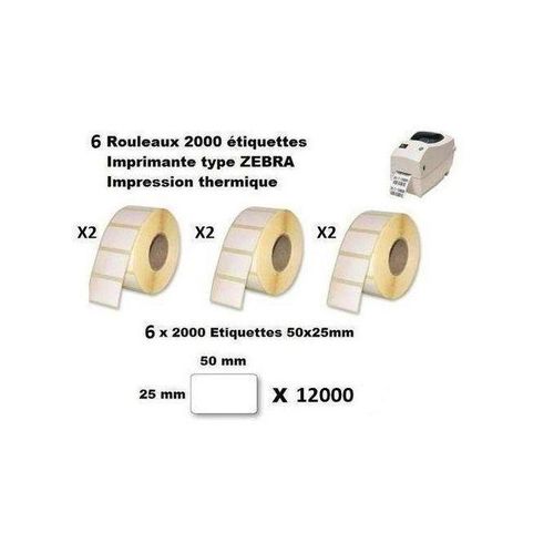 6 Rouleaux 6 x 2000 étiquette thermique Imprimantes ZEBRA - VÉLIN 50 mm X 25 mm