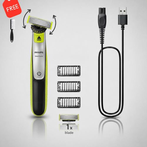 OneBlade - Pack Hybride Rechargeable : Tondeuse Visage & Barbe, 3 Sabots, Lame de Rechange Incluse + Brosse Gratuit