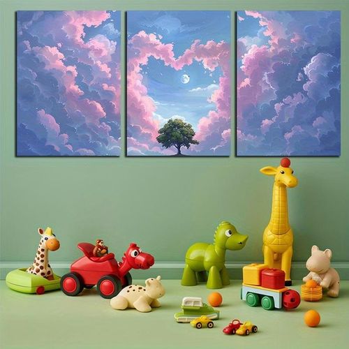 Tableau Mural Art Nuages Roses en Forme de Cœur, Lune et Arbre Solitaire Triptyque 3 Pièces 60 x 40 cm - Toile Canvas HD sur Châssis Bois