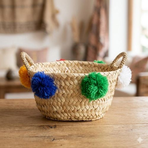 طقم 10 سلال خوص تقليدية مزينة بكريات صوفية ملونة - عرض خاص