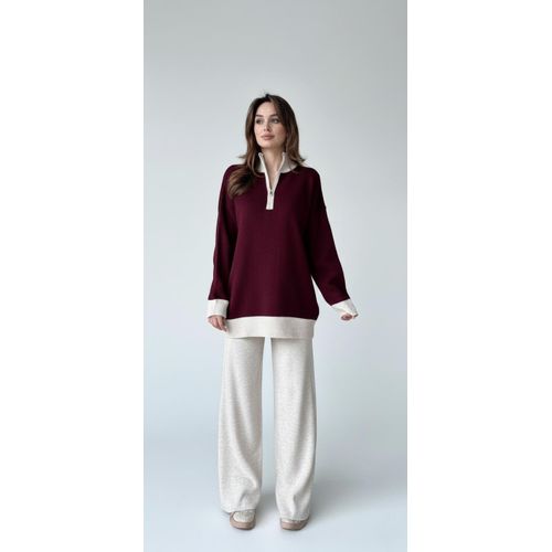 Ensemble Femme Chic Hiver - Pull Bordeaux Col Zippé & Pantalon Crème Confort