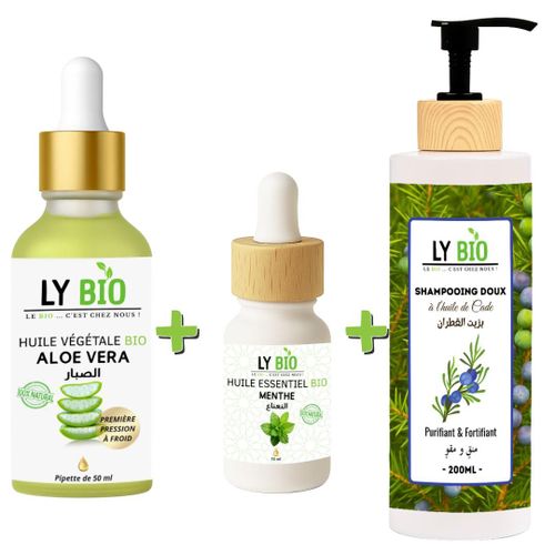 PACK HUILE ALOE VERA 50ml - PIPETTE + HUILE ESSENTIEL MENTHE 10ML + SHAMPOOING A L'HUILE DE CADE 200ML