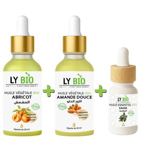 حزمة LYBIO زيت المشمش 50 مل - قطارة + زيت اللوز الحلو 50 مل - قطارة + زيت المريمية العطري 10 مل