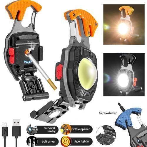 مصباح يدوي صغير LED ، قابل للشحن ، مع فتاحة زجاجات ، للتخييم والإصلاح ، فيش ولاعة