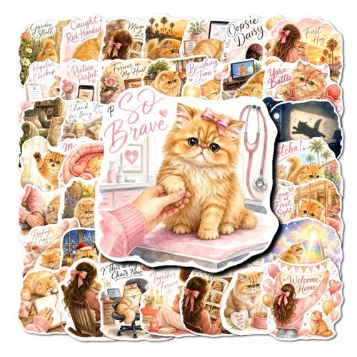 Lot de 50 autocollants adorables sur le thème des chats moelleux, autocollants décoratifs résistants aux rayures pour ordinateurs portables, cahiers, bouteilles d'eau, journaux, motifs mignons de scènes d'animaux en aquarelle pour un usage quotidien