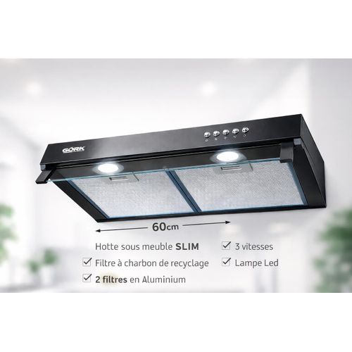 Hotte aspirante Slim sous meuble noir avec visière et Filtres à charbon inclus 3 vitesses 60cm Lampe led