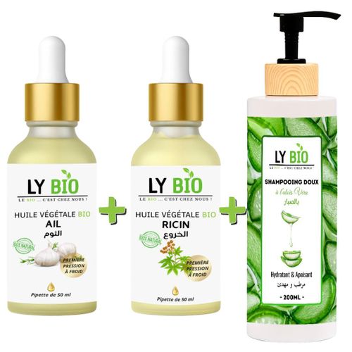 PACK HUILE AIL 50ML - PIPETTE + HUILE RICIN 50ml - PIPETTE + SHAMPOOING ALOE VERA 200ML