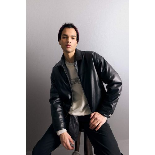 Veste en similicuir à col contraste et poches Coupe décontractée