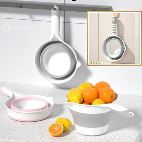 Louche de cuisine pliable avec passoire intégrée, outil de rangement gain de place pour fruits, légumes et préparation culinaire.