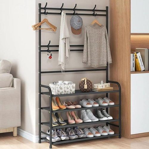 Porte-vtements et porte-chaussures en mtal 4 niveaux meuble dentre multifonction avec cintre et crochets rangement chaussures et manteaux robuste