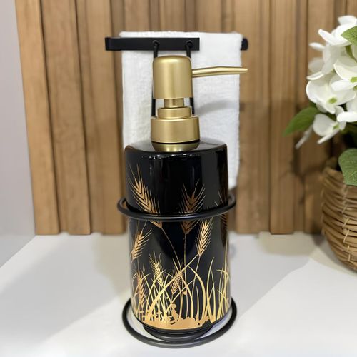 Distributeur de Savon Liquide en Céramique 250 ml – Pompe Rechargeable pour Lavabo, Vasque et Comptoir, Accessoire Chic avec Motif Épi de Blé Dorés.