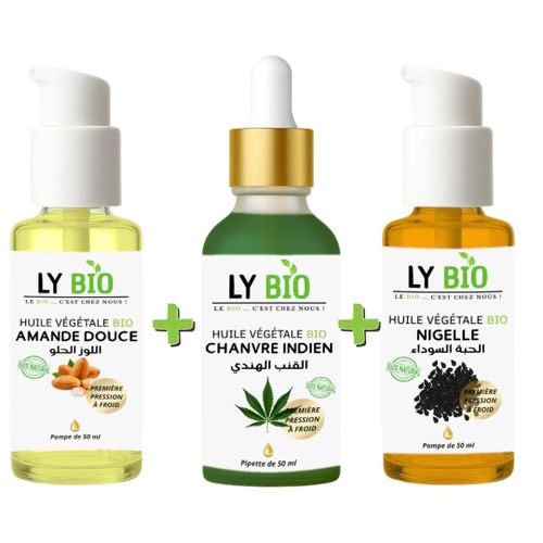 PACK HUILE AMANDE DOUCE 50ml - POMPE + HUILE HYDRATANTE & NUTRITIVE 50ML - PIPETTE + HUILE NIGELLE 50ML - POMPE