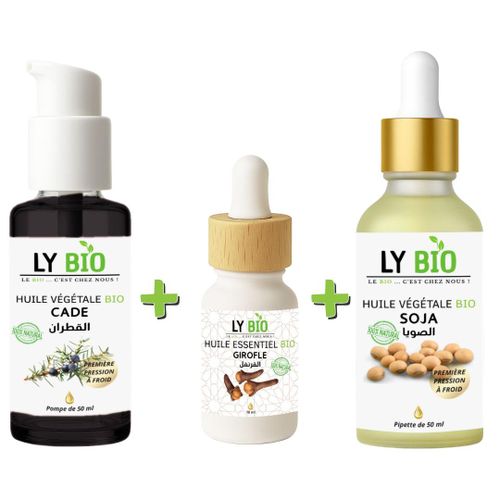 PACK HUILE CADE 50ML - POMPE + HUILE ESSENTIEL GIROFLE 10ML + HUILE SOJA 50ML - PIPETTE