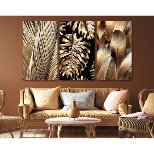 Set de 3 Tableaux Feuilles Tropicales Dorées – Décoration Murale Toile Noir et Or