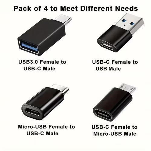 Adaptateur USB vers USB C 4 pièces, USB C vers USB 3.0 OTG, Adaptateur Micro USB vers USB C Compatible avec Macbook Pro, Samsung Galaxy, Smartphones, Ordinateurs Portables, Utilisation en Voiture
