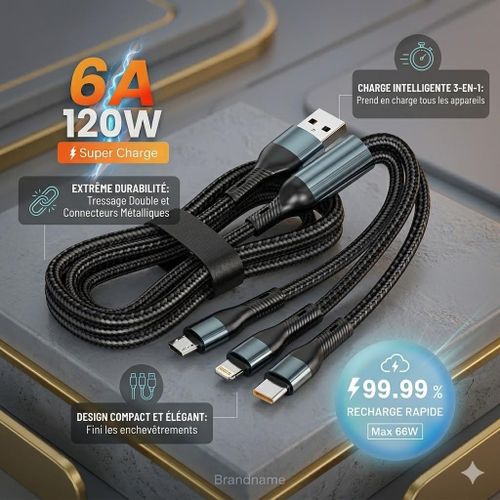 Câble 3 en 1 Super Charge 120W Charge Rapide 6A Type-C Lightning Micro USB Câble Résistant Tressé Universel