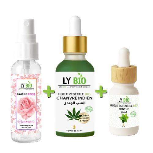 LYBIO PACK Eau de rose 100ML + Huile hydratante & nutritive 50ML - Pipette + Huile essentielle menthe 10ML