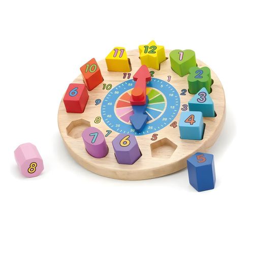 Puzzle d'Horloge en Bois - Formes Géométriques et Chiffres - Apprentissage de l'Heure et des Couleurs - Rond Multicolore