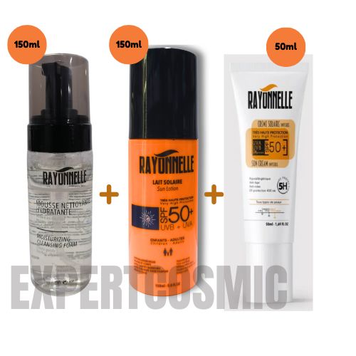 Pack 3-en-1 : Crème Solaire + Lait Corps + Mousse Nettoyante – SPF 50+