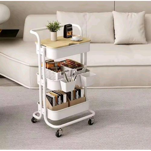 Chariot de Rangement Roulant à 3 Niveaux avec Plateau en Bois - Étagère Organisatrice Multiusage Métallique sur Roulettes pour Cuisine, Salle de Bain et Chambre