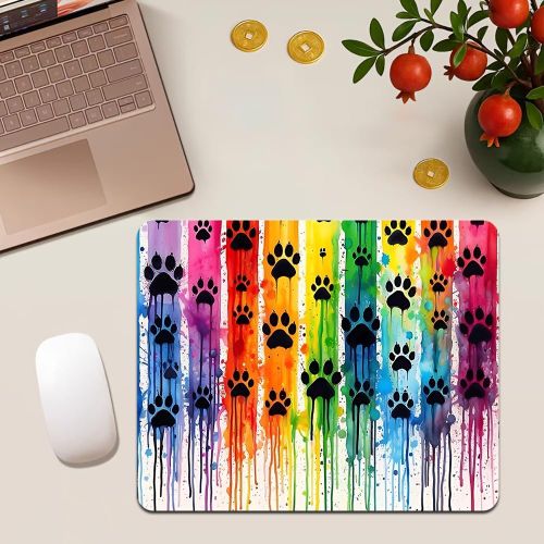 Tapis de souris antidérapant carré en caoutchouc à imprimé intégral motif empreinte de patte peinte à rayures verticales arc-en-ciel, Tapis de bureau plat imprimé haute définition, Utilisation au bureau et à la maison, Plusieurs, Périphérique informatiq