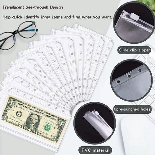 Pochette de rangement transparente A6 en PVC souple, Enveloppe a fermeture eclair pour classeur de budget, Sac etanche a fermeture clip, Pochette perforée pour cartes et billets, Rangement documents (199 caractères)