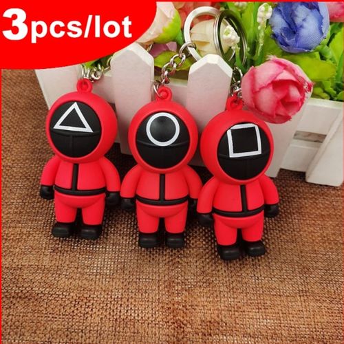 PACK 3 Porte Clés Squid Game jeu de calmar manga anime carré Triangle Rond