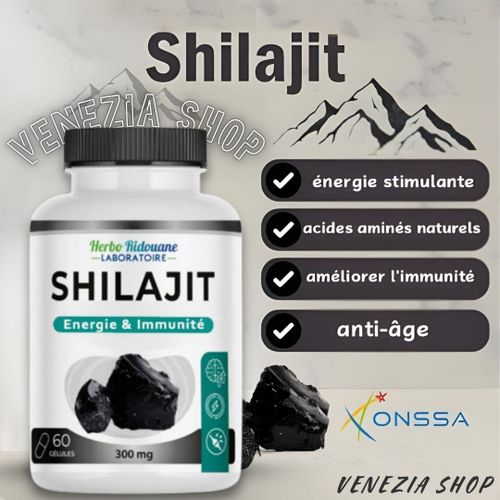 Capsules Shilajit Énergie 60 Gélules, Fabriqué avec du Shilajit 100 % pur, Pour l'énergie et l'endurance toute la journée, Riche en acide fulvique, Renforce les défenses naturelles du corps.