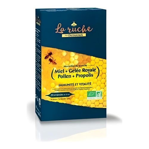 Miel, Gelée Royale, Poudre florale et Propolis - Immunité et Vitalité - 20 Ampoules de 15ml