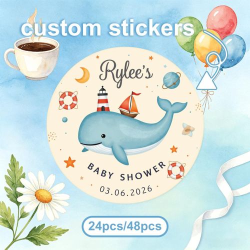 24/48 autocollants nautiques personnalisés pour cadeaux de fête, décorations de baby shower - Étiquettes rondes bleues et blanches avec baleine, phare, voilier, ballon, tasse à café, fleur de marguerite et inscription Rylee S pour cadeaux, fournitures d