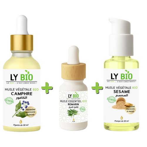 PACK HUILE CAMPHREE 50ML - PIPETTE + HUILE ESSENTIEL ROMARIN 10ML + HUILE SESAME 50ml - POMPE